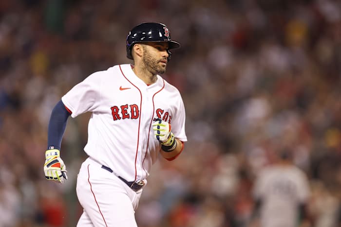 Jul 10, 2022; Boston, Massachusetts, USA; Boston Red Sox designated hitter JD Martinez (28) rounds the bases after hitting a home run during the fifth inning against the New York Yankees at Fenway Park. Mandatory Credit: Paul Rutherford-USA TODAY Sports